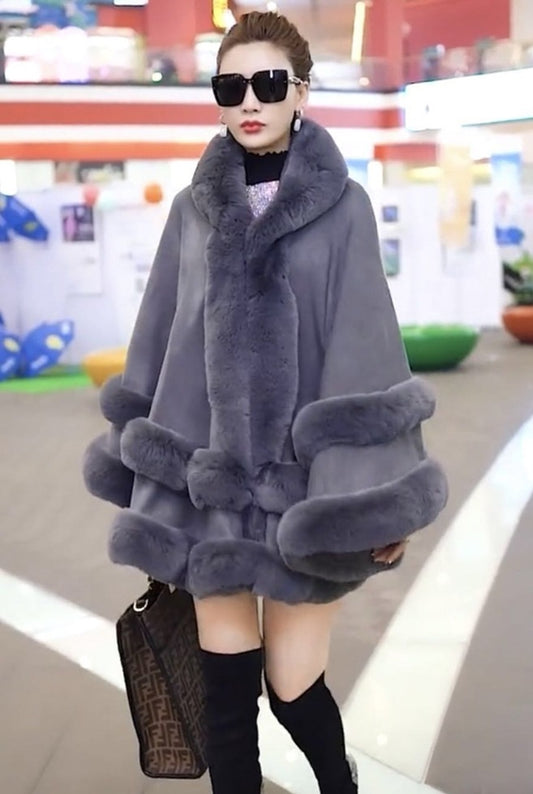 Faux Fox Fur Collar Fur Hooded Knit Cardigan Cape Cape Jacket