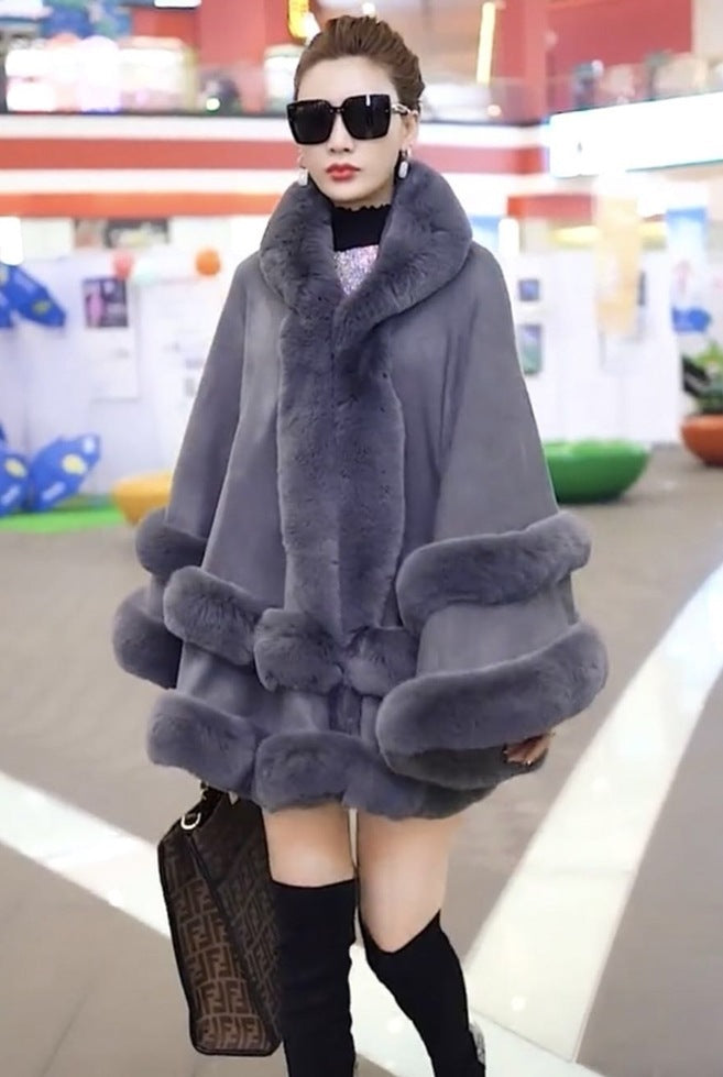 Faux Fox Fur Collar Fur Hooded Knit Cardigan Cape Cape Jacket