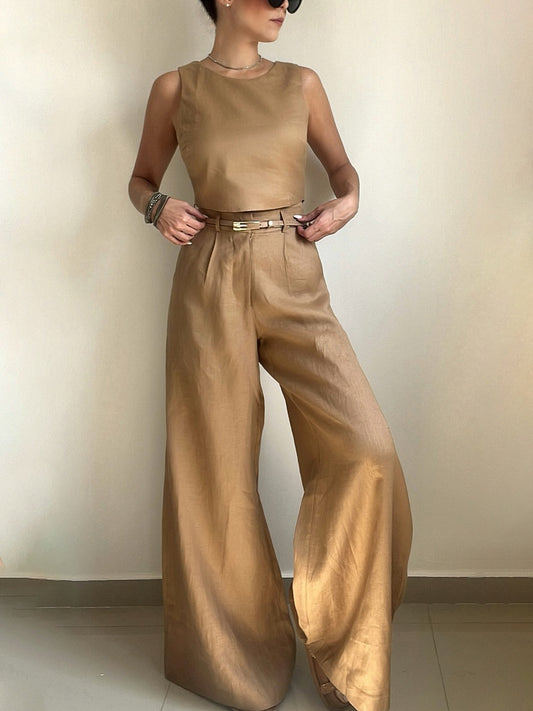 Khaki Button Back Vest & Wide Leg Pants Set