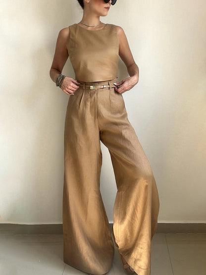 Khaki Button Back Vest & Wide Leg Pants Set