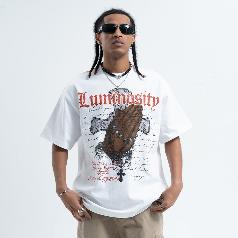 Vintage Cross Letter Printed Loose Short Sleeve T-shirt Men