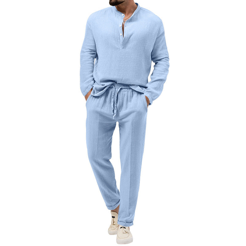New Men's Casual Solid Color Pocket Elastic Cotton And Linen Suit
