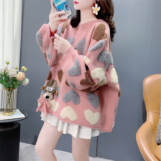 Gentle Younger Sweet Tridimensional Puppy Round Neck Sweater Women's Autumn And Winter 2024 New Loose Heart Knitted Top