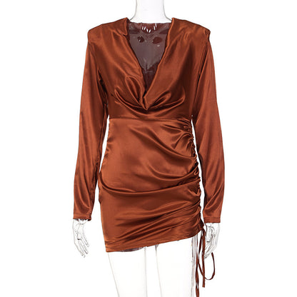 Women's New V-neck Long-sleeved Drawstring Hip Dress