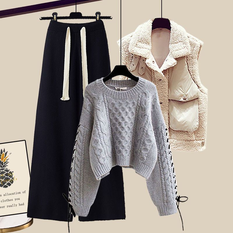 Women's Autumn And Winter Thickened Vest All-matching Knitted Sweater Wide Leg Pants Three-piece Suit