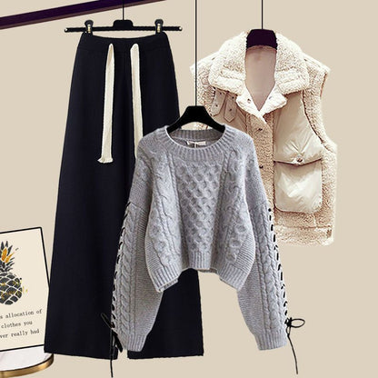 Women's Autumn And Winter Thickened Vest All-matching Knitted Sweater Wide Leg Pants Three-piece Suit