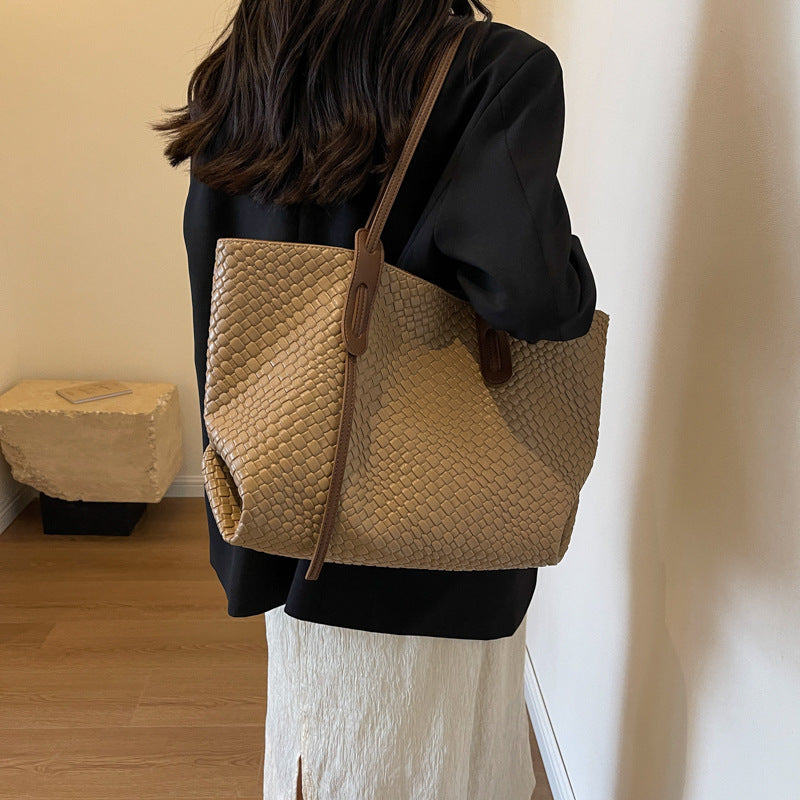 Large Capacity Woven Shouder Bgas Women Versatile Retro Textured Solid Color Totes