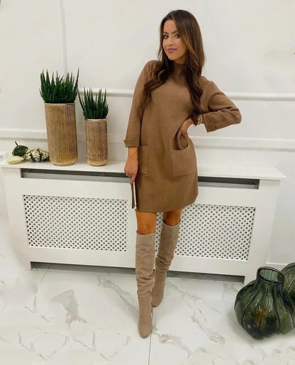 Casual Pocket Round Neck Boutique Dralon Long Sleeve Dress
