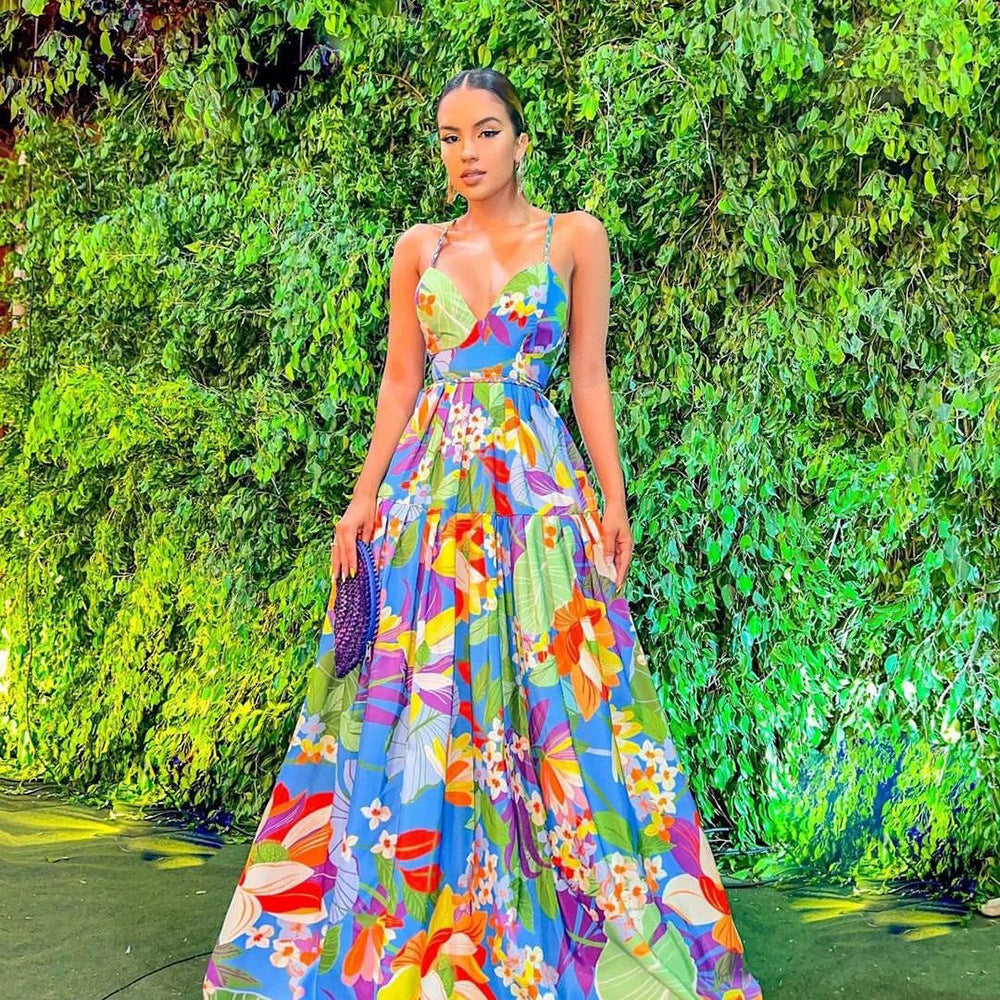 New Printed Multi-color Off-shoulder Sling Dress