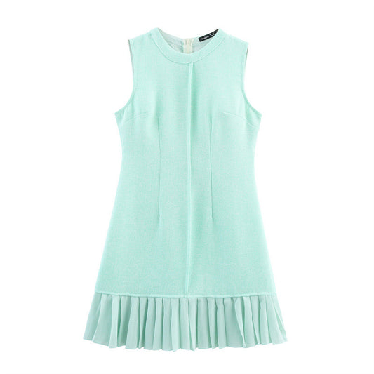 French Fashion Square Collar Sleeveless Pleated Dress