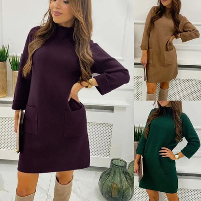 Casual Pocket Round Neck Boutique Dralon Long Sleeve Dress