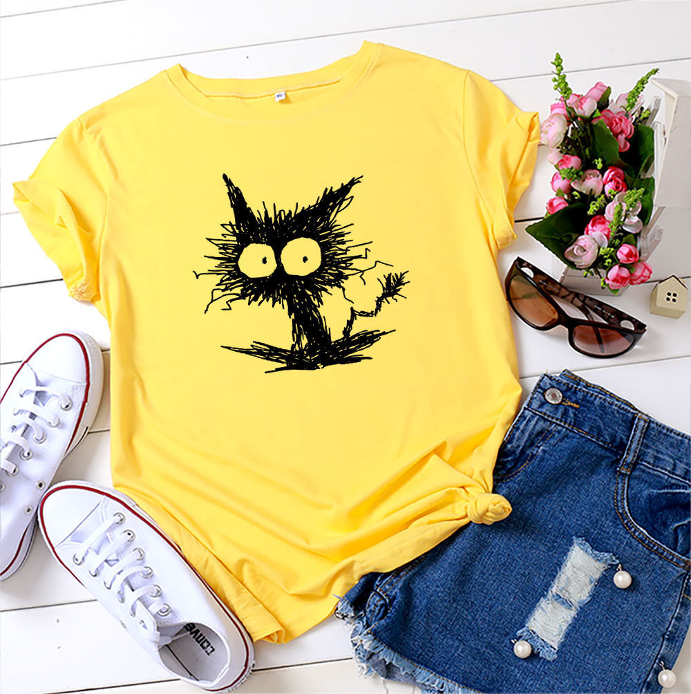 Spot Amazon Ebay European And American Fashion Cross-border Hot Sale Cat Printing Casual Cotton Short Sleeve T-shirt Women's Clothing