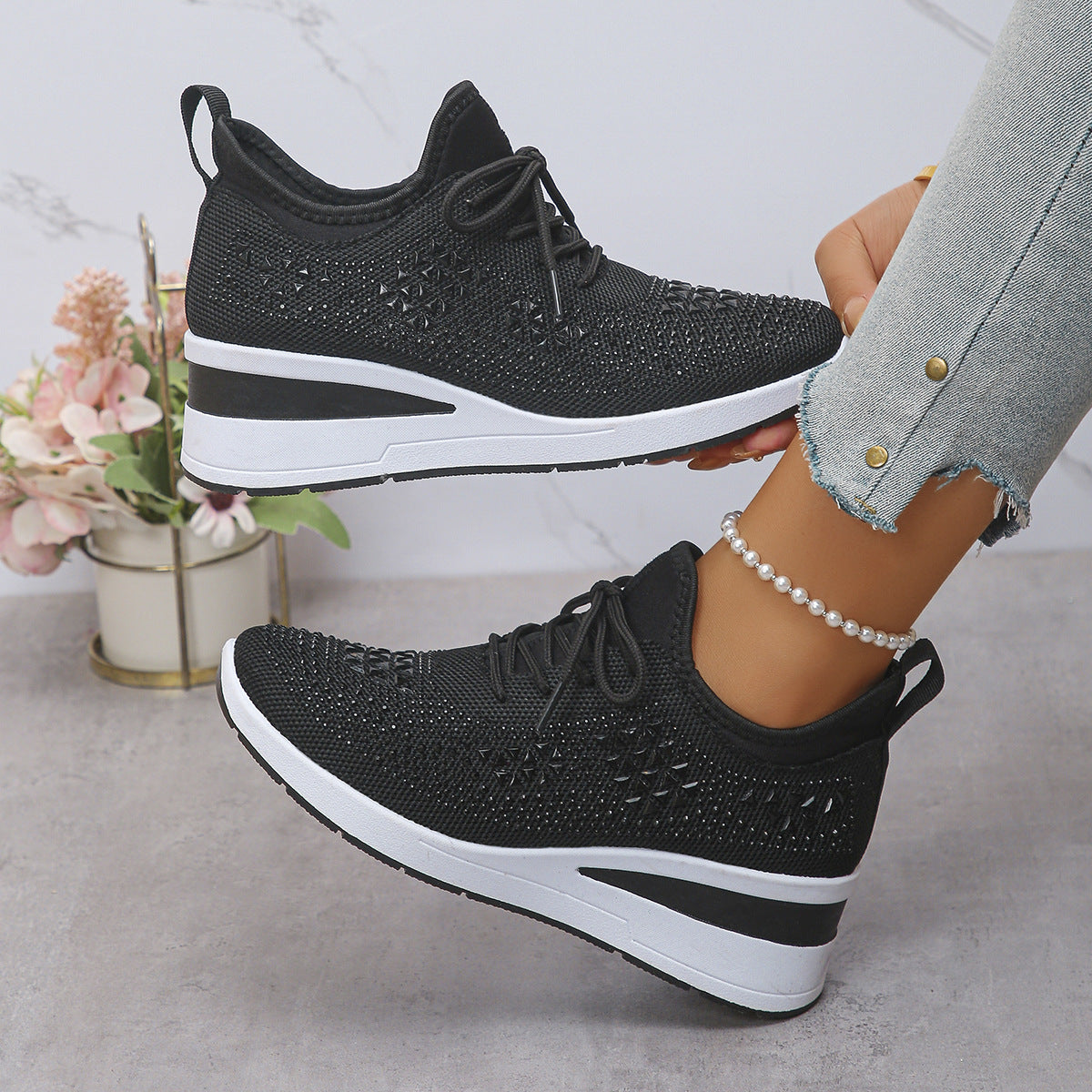 Ins Rhinestone Sneakers Fashion Lace Up Wedges Casual Shoes Women's Daily Commuting Sports Shoes