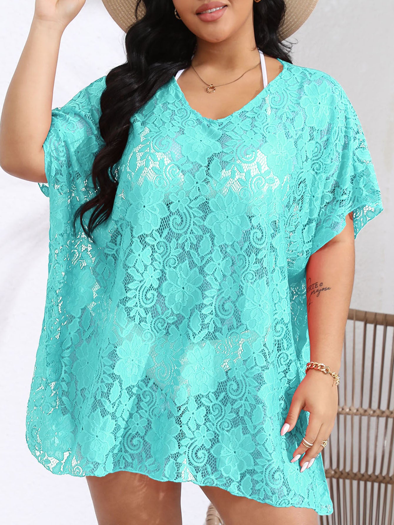 Lace Hollow Out See-through V-neck Split Beach Dress