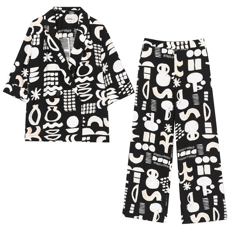 European And American Style Fashion Casual Watercolor Pattern Coat Straight-leg Pants