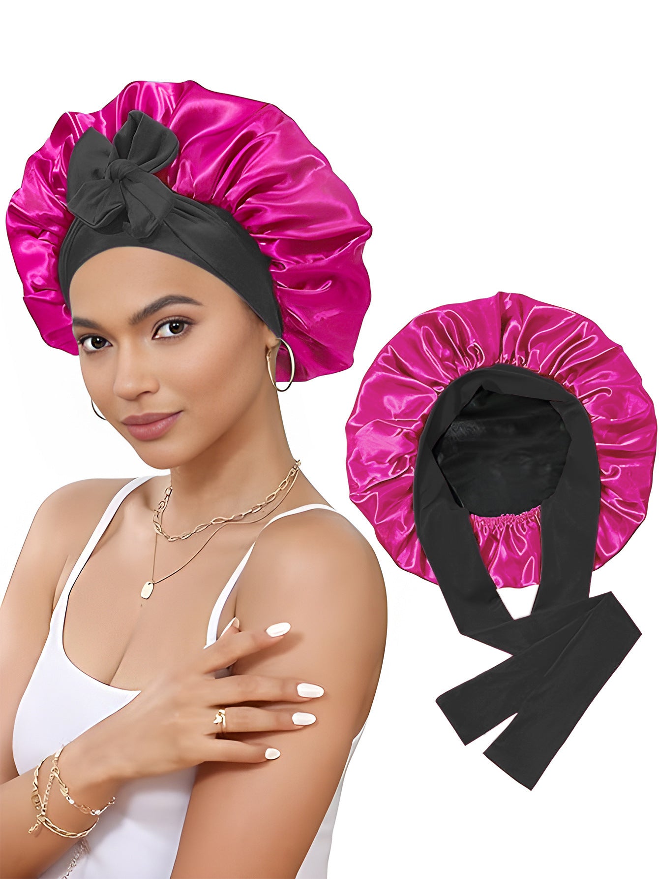 Double-layer Satin Ribbon Round Cap Bow Artificial Silk Beauty Hair Care Wide-brimmed Hat