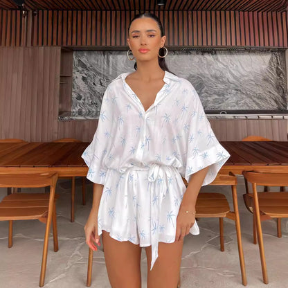 Women's Printed Lace Up Waist-tight Cardigan 5-point Sleeve One-piece Shorts