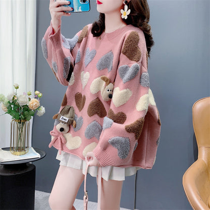 Gentle Younger Sweet Tridimensional Puppy Round Neck Sweater Women's Autumn And Winter 2024 New Loose Heart Knitted Top