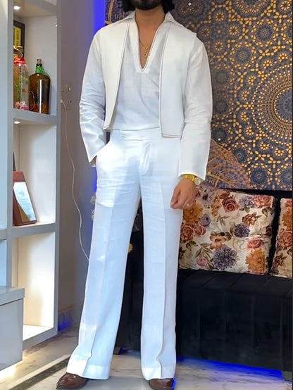 White Three - Piece Outfit-V - Neck Inner Shirt & Sleeveless Vest & Trousers