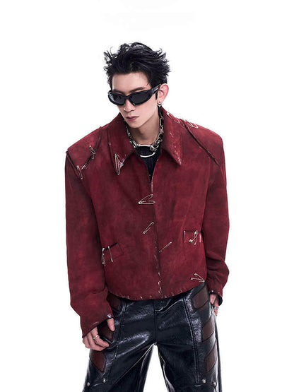 Men's Thick Quilted Flocking Decorative Pin Jacket Coat
