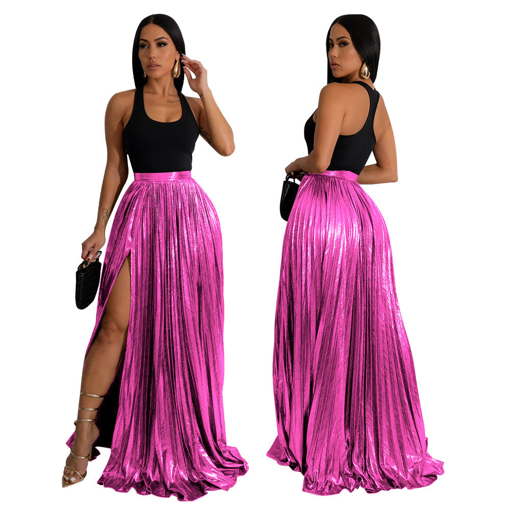 European And American Graceful And Fashionable Skirt Solid Color High Waist Pleated Slit Dress