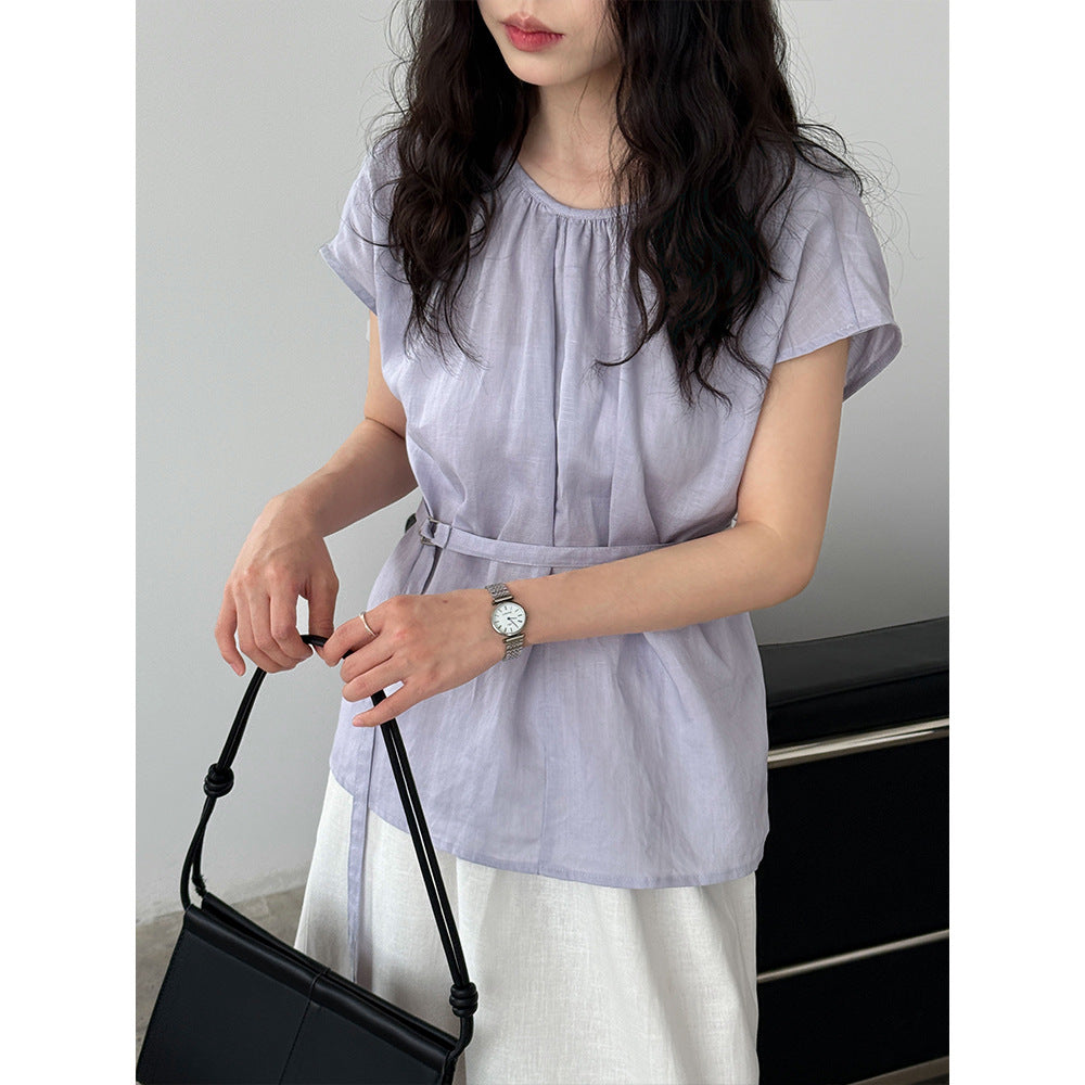 Tencel Linen Round Neck Waist Trimming Shirt For Women