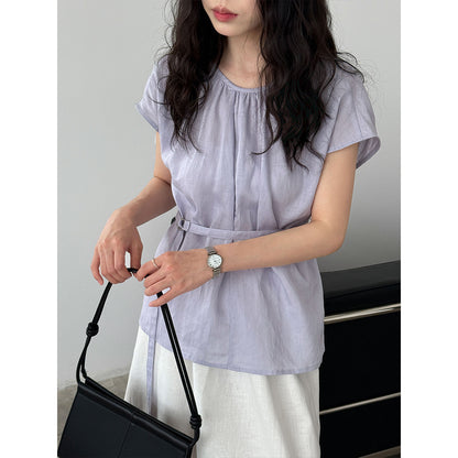 Tencel Linen Round Neck Waist Trimming Shirt For Women