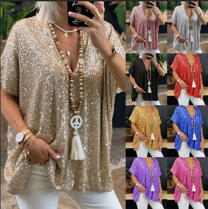 Loose Pullover Sequined V-neck T-shirt Top Women's Clothing
