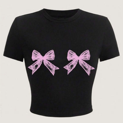 Casual Simple Round Neck Lace Bow Print Short Sleeve