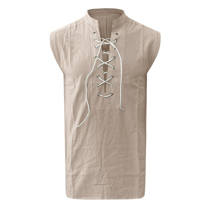 Tie Sleeveless Cotton Linen Shirt Slit Tank
