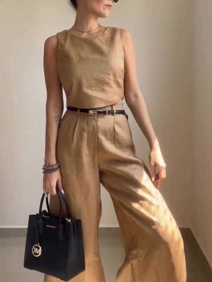 Khaki Button Back Vest & Wide Leg Pants Set