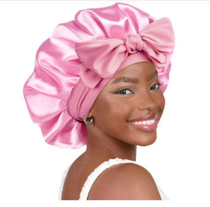 Double-layer Satin Ribbon Round Cap Bow Artificial Silk Beauty Hair Care Wide-brimmed Hat