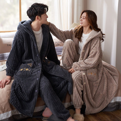 Women's Nightgown Autumn And Winter Long Flannel Thickened Couple Plus Size Loose Bathrobe Coral Fleece
