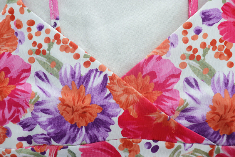 Digital Printed V-neck Suspender Dress With Long Split Suspender