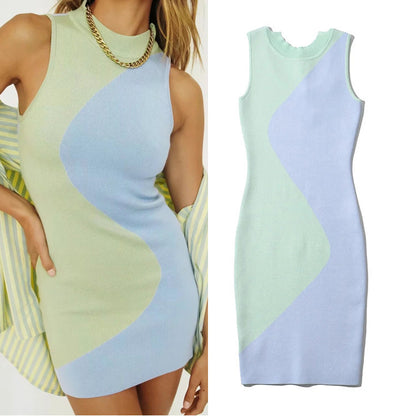 Contrasting Color Design Sleeveless Dress Feminine Temperament Commuting Lightly Cooked Style Hip Skirt