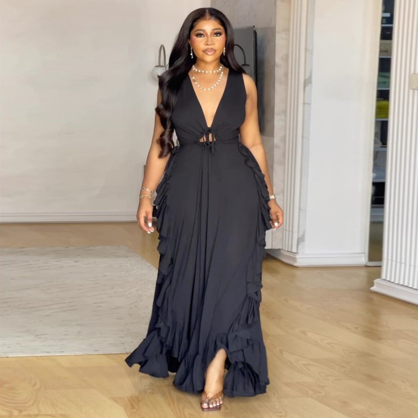 Ruffled High Waist Crop-top Spaghetti-strap Plus Size Dress