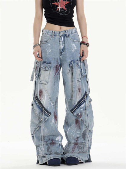 Multi-Pocket Workwear Jeans Women's Loose Wide-leg Pants