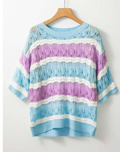 Purple Stripe Color Block Hollow Out Crochet Half Sleeve Sweater