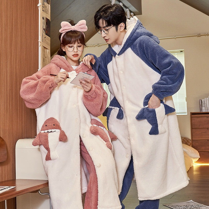 Women's Nightgown Autumn And Winter Long Flannel Thickened Couple Plus Size Loose Bathrobe Coral Fleece