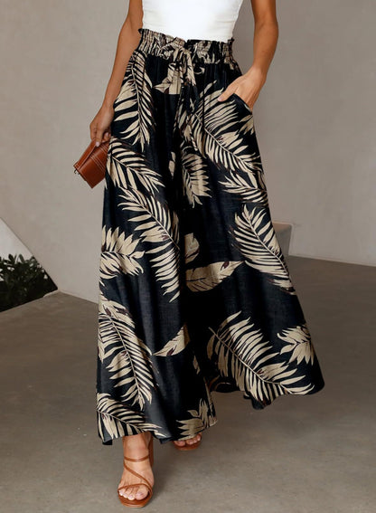 Flowers Printed Wide-leg Trousers Summer Casual Straight Pnats For Women Beach Clothing