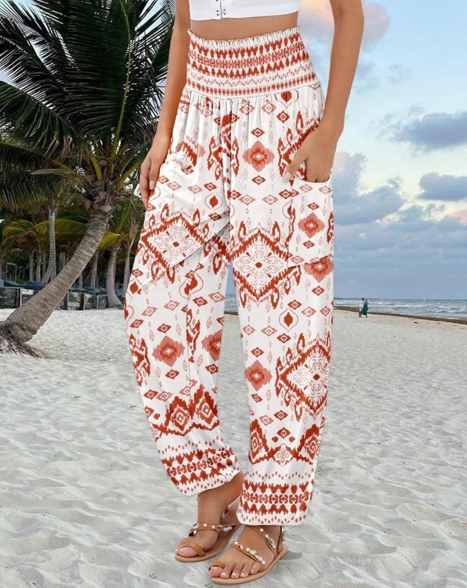 Sling Smocking Waist Positioning Printed Wide Leg Jumpsuit