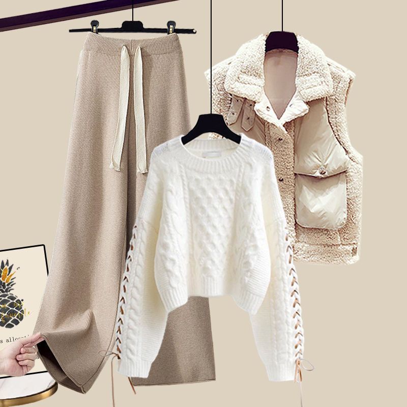 Women's Autumn And Winter Thickened Vest All-matching Knitted Sweater Wide Leg Pants Three-piece Suit
