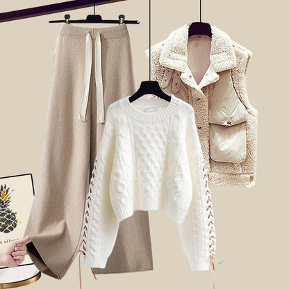 Women's Autumn And Winter Thickened Vest All-matching Knitted Sweater Wide Leg Pants Three-piece Suit