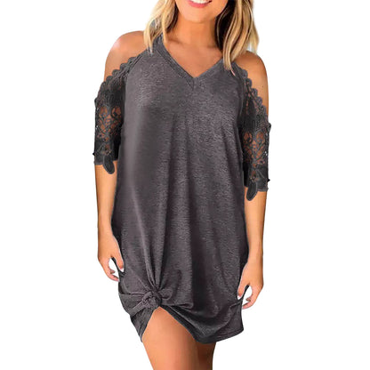 Women's Lace Patchwork Cold-shoulder V-neck Solid Color Dress