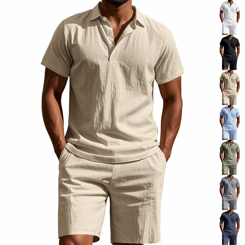 Summer Men's Loose Casual Linen Breathable Short Beach Sleeve Shorts Suit