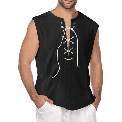 Tie Sleeveless Cotton Linen Shirt Slit Tank