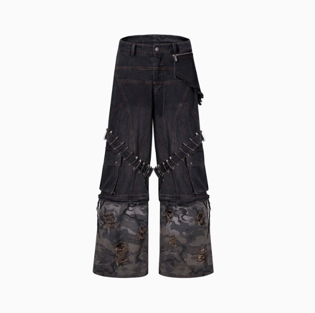 Men's Camouflage Splicing Structure Pin And Ribbon Jeans