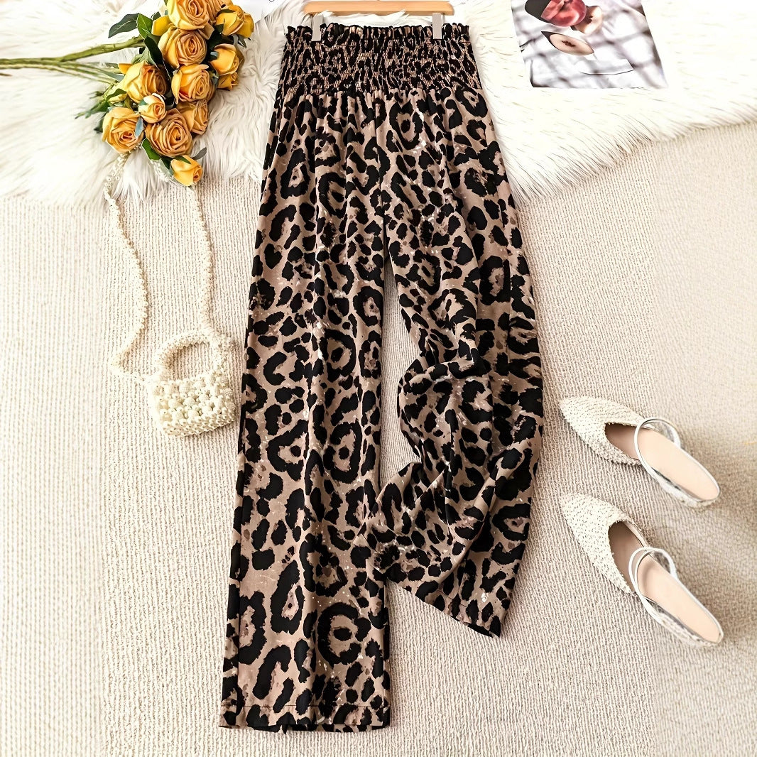 Leopard Print Floral Print Casual Jumpsuit Elastic Waist Loose Wide Leg Pants