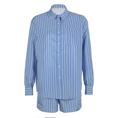 Blue Striped Lapel Long Sleeve Casual Two-piece Suit