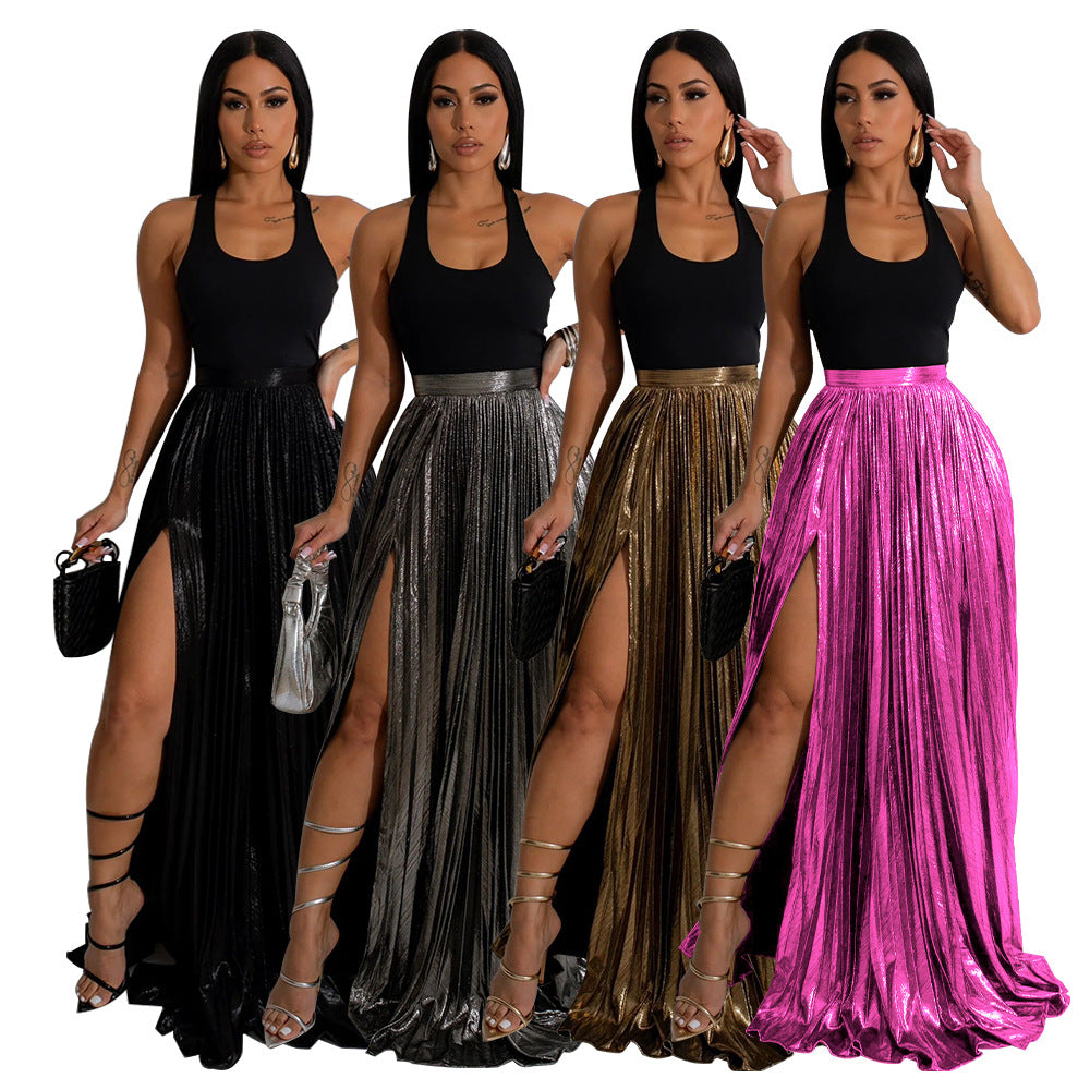 European And American Graceful And Fashionable Skirt Solid Color High Waist Pleated Slit Dress